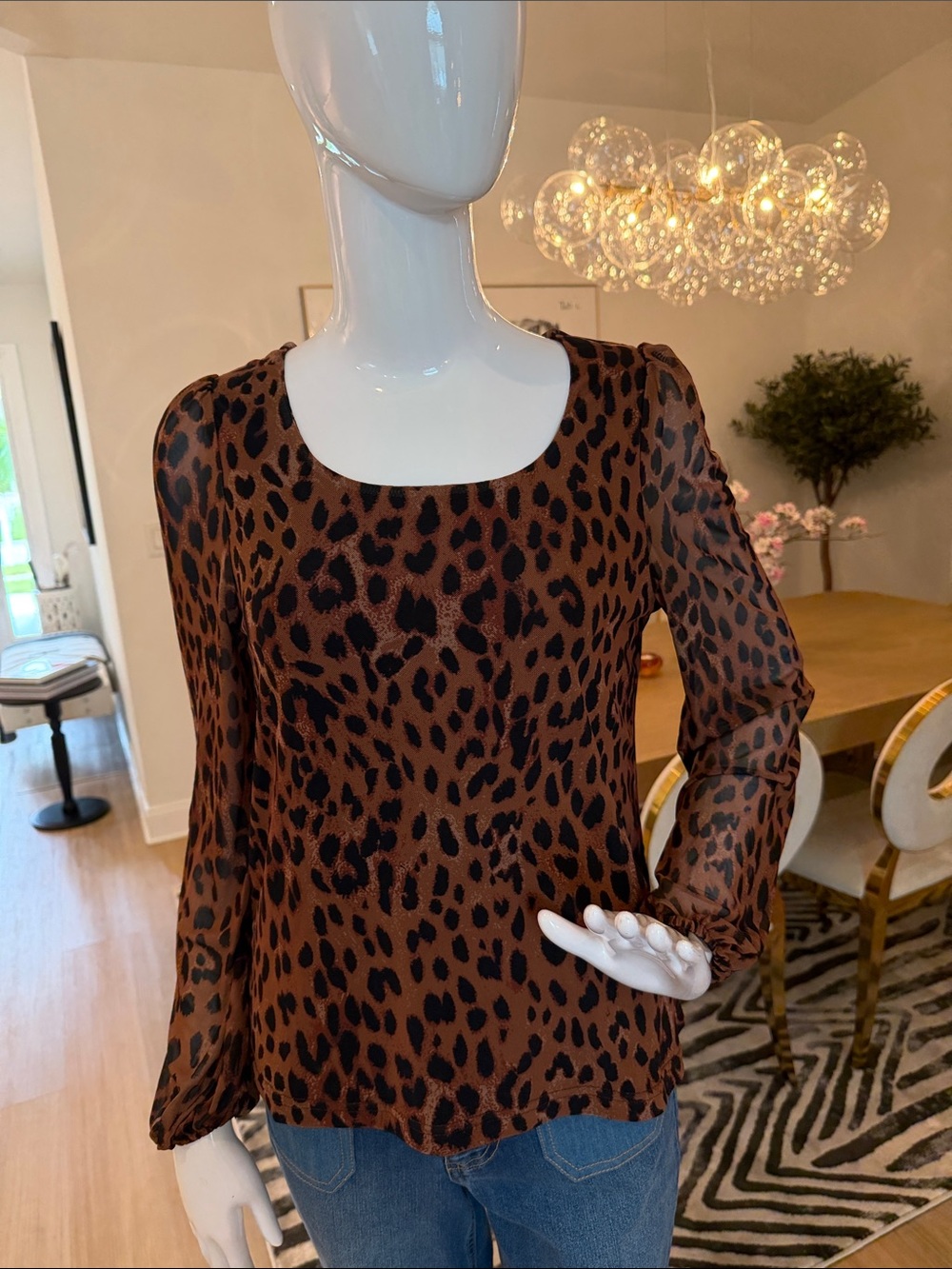DG2 by Diane Gilman Brown and Black Leopard Long Sleeve Scoop Neck Top
